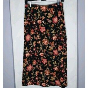 Studio Works Petite Floral Midi Skirt 8P Black Career Office Boho Back Slit